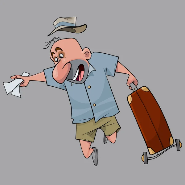 Divertente uomo dei cartoni animati corre con i biglietti in mano e una valigia pesante — Vettoriale Stock