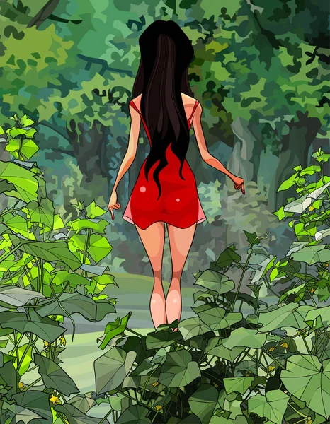 Mujer atractiva de dibujos animados en un vestido rojo deja en el matorral verde — Vector de stock