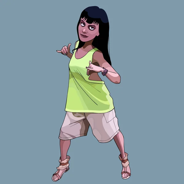 Chica adolescente bailando de dibujos animados en pantalones cortos grandes y una camiseta — Vector de stock