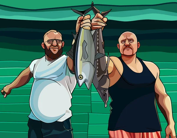 Два мультяшні чоловіки-рибалки тримають рибу за хвостами — стоковий вектор