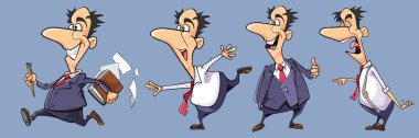 kravat ile takım elbise karikatür duygusal adam farklı pozlar seti