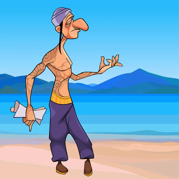 Cartone animato maschio yogi cammina lungo la riva del mare e compone — Vettoriale Stock