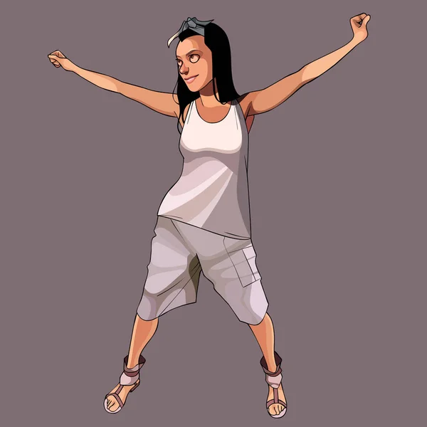 Dibujos animados adolescente chica de pie alegremente levantando las manos — Archivo Imágenes Vectoriales