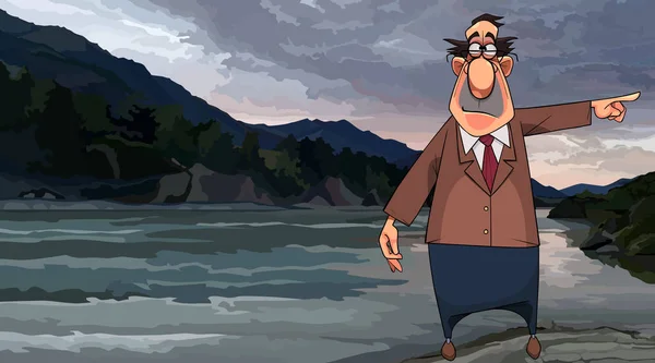 Uomo dei cartoni animati punta un dito di lato mentre in piedi vicino al fiume — Vettoriale Stock