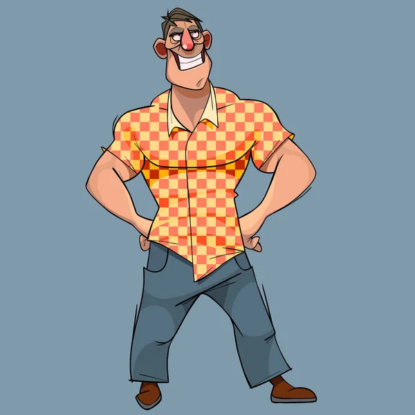 Personagem de desenho animado largo sorrindo amplo ombro muscular homem — Vetor de Stock