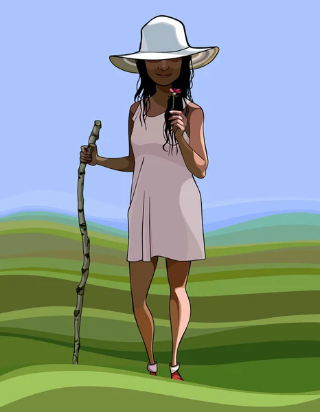 Fumetto donna in cappello sta con un bastone in mano in una radura — Vettoriale Stock