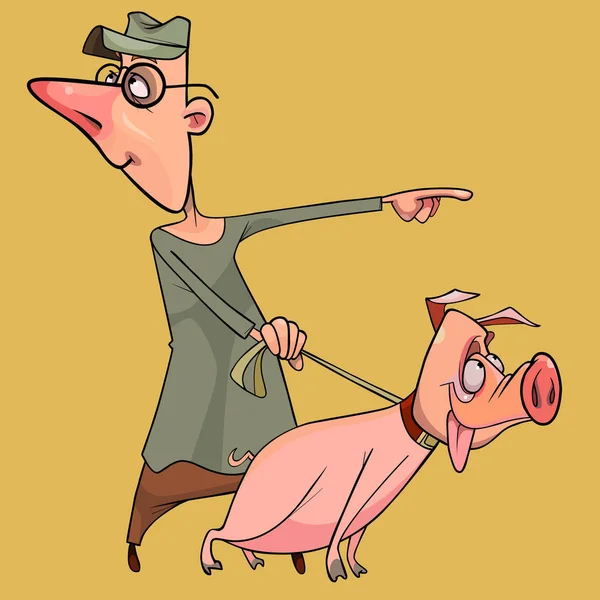 Καρτούν άνθρωπος κρατώντας ένα γουρούνι σε ένα λουρί — Διανυσματικό Αρχείο
