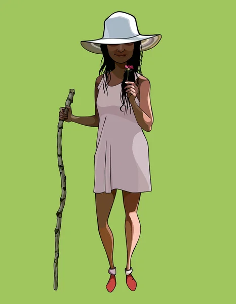 Mujer de dibujos animados en vestido de verano y sombrero de pie con un bastón en la mano — Vector de stock