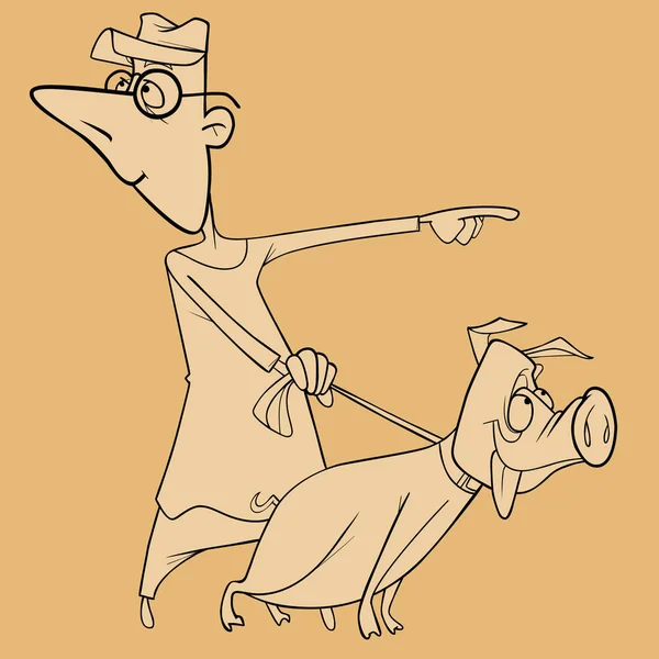 Ескіз мультяшного чоловіка, що тримає свиню на повідку — стоковий вектор