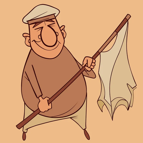 Uomo dei cartoni animati in berretto con bandiera strappata in mano — Vettoriale Stock