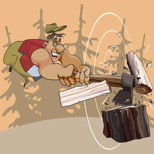 Desenho animado homem alegre cortando madeira com um machado —  Vetores de Stock