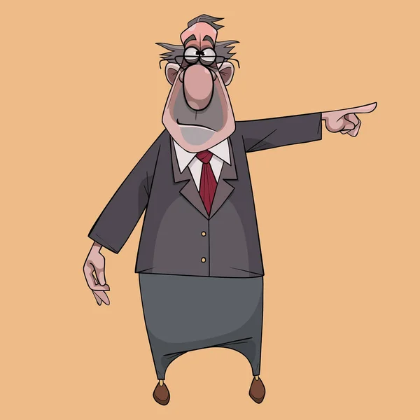 Karikatúra ember öltönyt nyakkendő és szemüvegek pont ujját az oldalára — Stock Vector