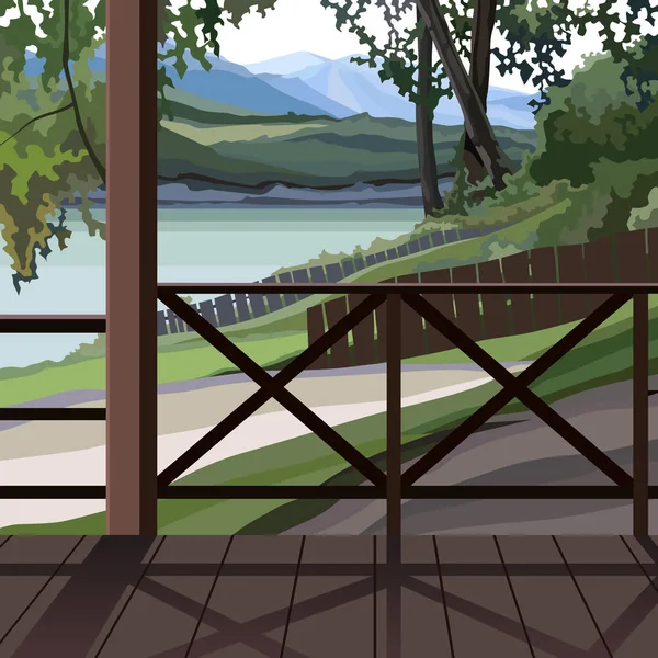 Verano vista de la naturaleza desde la terraza de madera — Vector de stock