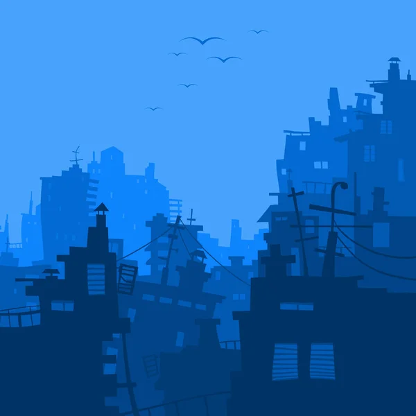 Latar belakang kartun kota biru dengan rumah yang berbeda - Stok Vektor