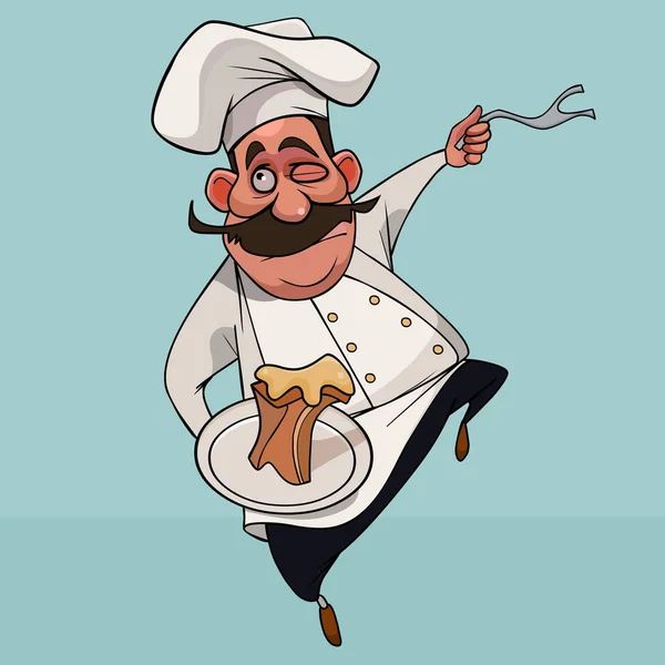 Cartone animato baffuto uomo in abiti da cucina con un piatto in mano — Vettoriale Stock