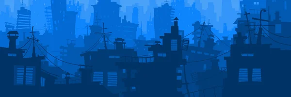 Desenho animado azul cidade panorâmica fundo com diferentes casas — Vetor de Stock