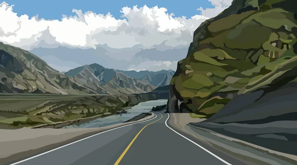 Fondo de la carretera entre las montañas junto al río — Vector de stock