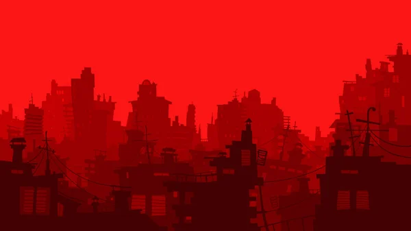 Червоний мультяшний міський фон з різними будинками — стоковий вектор