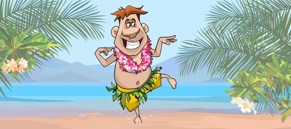 하와이의해 변을 즐기고 있는 만화 관광객 — 스톡 벡터