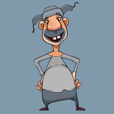 Kulaklık takan şapkalı neşeli çizgi film adamı kalça üzerinde el ele durur.