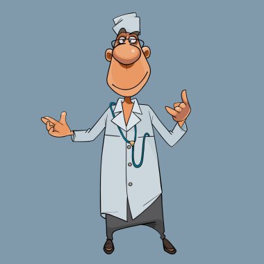 Çizgi filmlerde steteskoplu doktor kıyafetleri içindeki neşeli adam.