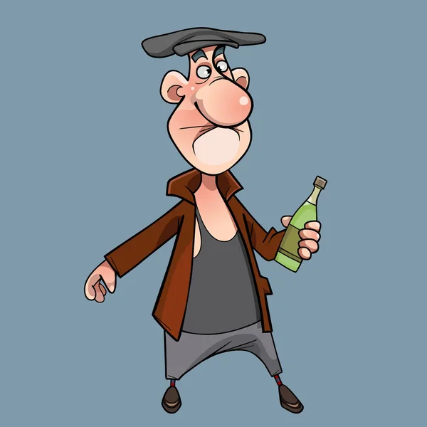 Мультяшний п'яний чоловік стоїть з пляшкою в руці — стоковий вектор