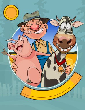 Çizgi film karakteri neşeli çiftçinin logosu, domuz ve inek.