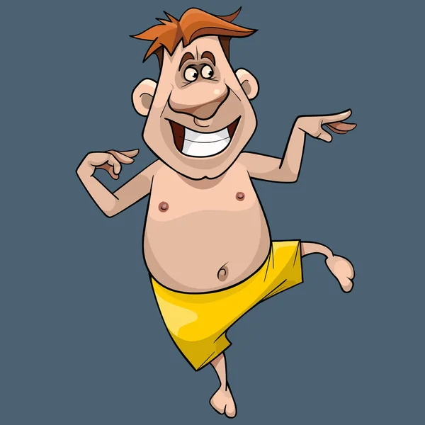 Dibujos animados sonriente hombre en pantalones cortos bailando divertido — Vector de stock