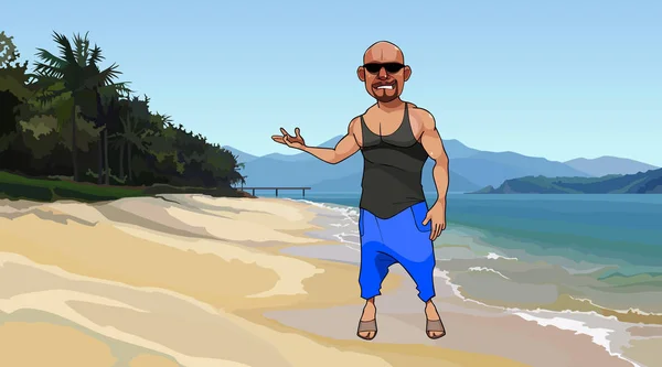 Dessin animé homme invite avec geste à la plage tropicale — Image vectorielle