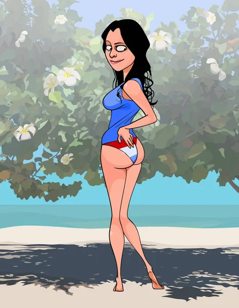 Cartoon grappige vrouw in bikini staat aan de kust — Stockvector