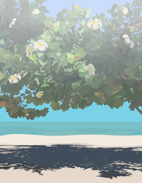 Fondo de árbol tropical claro con flores en la orilla del mar de arena — Vector de stock