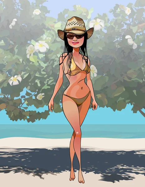 Mujer de dibujos animados en un traje de baño y sombrero se encuentra tímidamente en la orilla del mar — Vector de stock