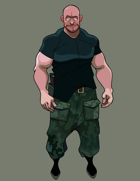 Divertido dibujos animados muscular brutal hombre en militar ropa — Vector de stock