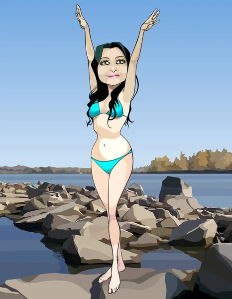 Cartoon glückliche Frau im Badeanzug steht mit erhobenen Händen auf einem steinernen Ufer eines Flusses — Stockvektor