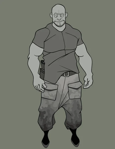 Croquis d'un homme musclé brutal drôle de dessin animé en pantalon de camouflage — Image vectorielle