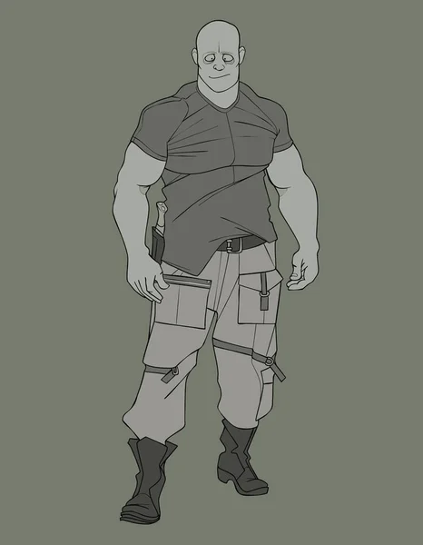 Skizze eines Cartoons lustige brutale muskulöse Mann in Militärkleidung — Stockvektor