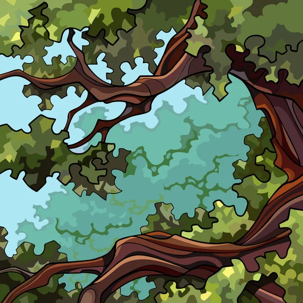 方形夏季绿色卡通画背景在高大的树枝上 — 图库矢量图片