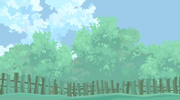 Forêt Caduque Été Derrière Une Clôture Incurvée Bois — Image vectorielle