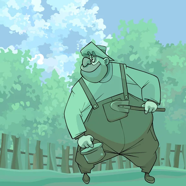 Desenho Animado Homem Gordo Com Balde Uma Jardim Cores Verdes —  Vetores de Stock