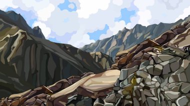 Dağların tepesinde kayalık bir yamaç boyadı. Vektör resmi