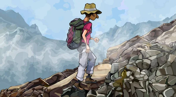 Cartoon Man Tourist Backpack Steps Rocky Slope Fog — Stock Vector