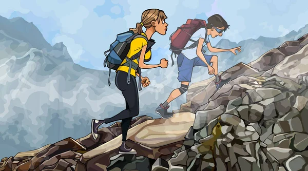 卡通人物 背着背包的女人爬上了雾中的岩石斜坡 — 图库矢量图片