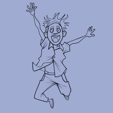 Çizgi filmdeki adamın çizimi sevinçle zıplayarak ellerini havaya kaldırıyor.