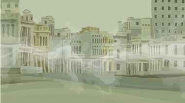 Issız bir çizgi filmin arka planı. Sürünen sisli eski bir kasaba. Vektör resmi