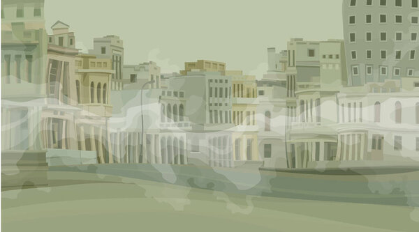 Background of a deserted cartoon old town with creeping fog. Vector image