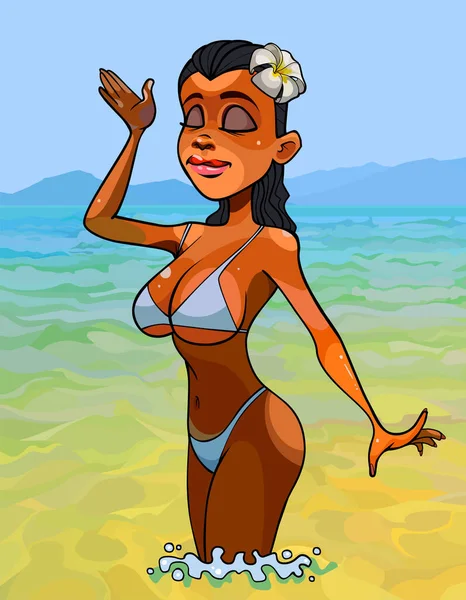 Dibujos Animados Mujer Sexy Traje Baño Disfrutando Hasta Las Rodillas — Vector de stock
