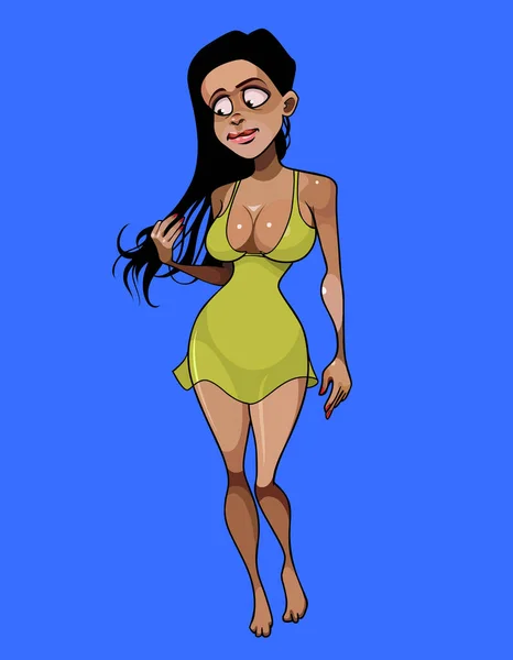 Beautiful Cartoon Woman Long Hair Dress Walks Barefoot — Stock Vector