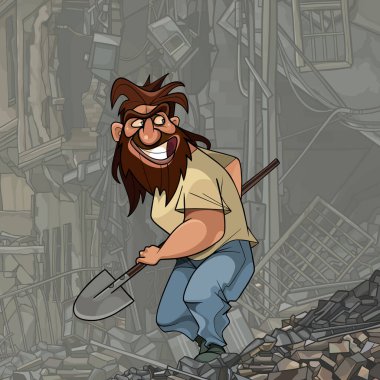 Komik çizgi film, sakallı, elinde kürekle harabelere sızan adam.