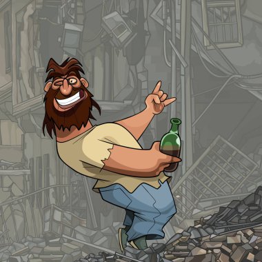 Komik çizgi film. Elinde şişe olan sakallı adam harabelerde eğleniyor.
