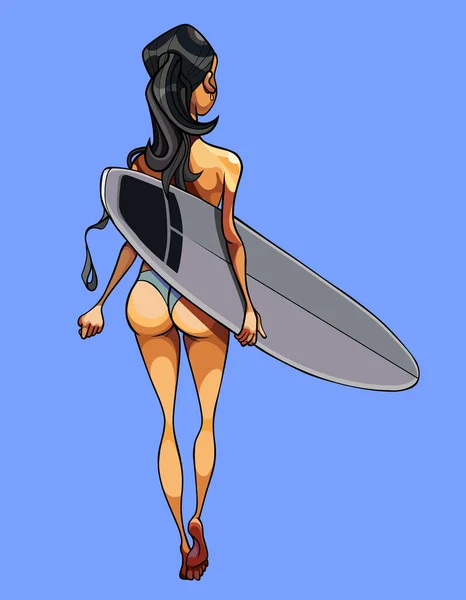 Une Dessinatrice Maillot Bain Marche Avec Une Planche Surf Vue — Image vectorielle